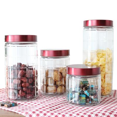 China Checkered Acrylic Air Freshness Preservation Kitchen Storage Tight Glass Jar Of Cookies Sets With Metal Acrylic Lid 410 for sale