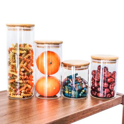 China Heatable Supplier Wide Mouth Round Airtight Food Spice Pasta Borosilicate Kitchen Storage Jar Glass Food Containers With Bamboo Lid for sale