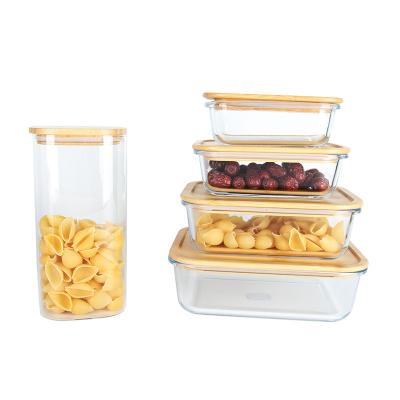 China Eco-friendly Glass Food Container Rectangle Bento Box Airtight Transparent Food Container Perforated Box Crisper With Bamboo Lid for sale