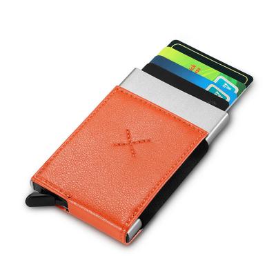 China Genuine Custom Logo Pop Up Aluminum Security Card Case Factory Leather+Aluminum Credit Card Holder Wallet for sale