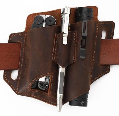 China Crazy Horse Logo Custom Leather Multitool Sheath Organizer with Main Holder Crazy Horse Leather Belt Sheath with Multitool Pouch for sale