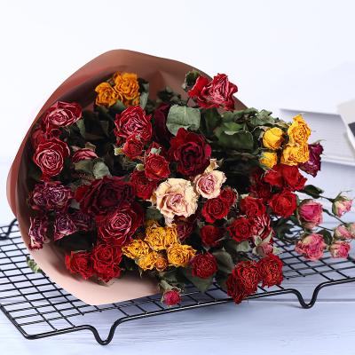 China Natual Touch Wholesale artificial flowers multi-headed rose dry flower bouquet dried flowers roses for sale