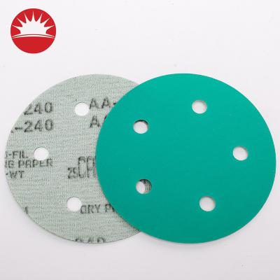 China 125mm Surface Polishing Aluminum Oxide Film Base Hook And Loop With Holes For Metal Polishing Green Sandpaper Emery Paper Disc for sale