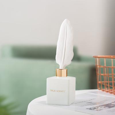 China 150ml Matt White Glass Bottle Ceramic Feather Viable Plaster Reed Diffuser For Home Fragrance for sale