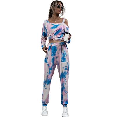 China Wholesale Autumn Breathable Sweat Sets Women Clothes Tie Dye Off-Shoulder Ladies Sweat Panty Lounge Wear Sets for sale