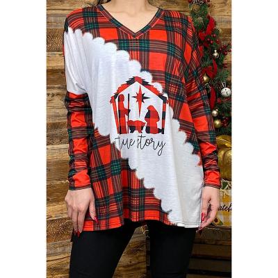 China Breathable Wholesale Fashion Red Green Unique Women's Long Sleeve Plaid T-Shirts Comfortable Plaid T-Shirts for sale