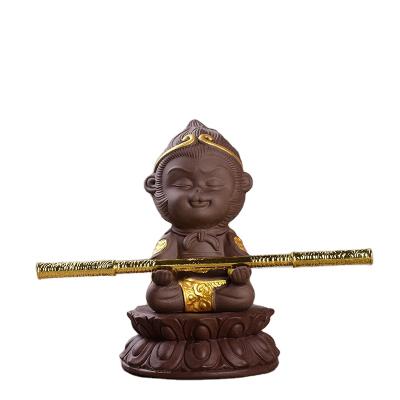 China China Chinese Handmade Crafts Smile Small Monk Laughing Buddha Statue Ceramic Monkey Tea Pet for sale