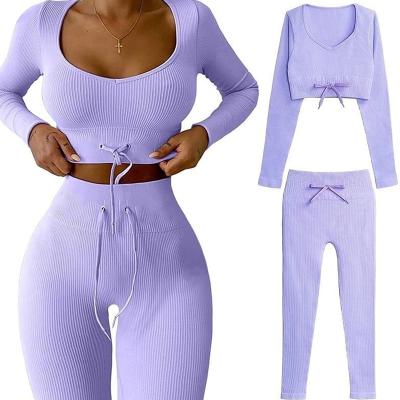 China Autumn Winter Breathable Wholesale Workout Sets For Women Seamless Crop 2 Piece Long Sleeve Crop Tops High Waist Ribbed Leggings for sale