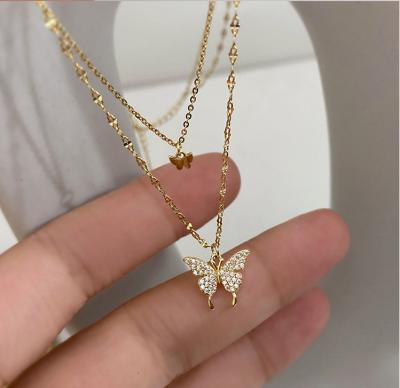 China Cute Women Necklaces Stainless Steel Butterfly Jewelry Pendant Necklace Chains Luxury Diamond Layered Charm Necklaces Chains For Women for sale