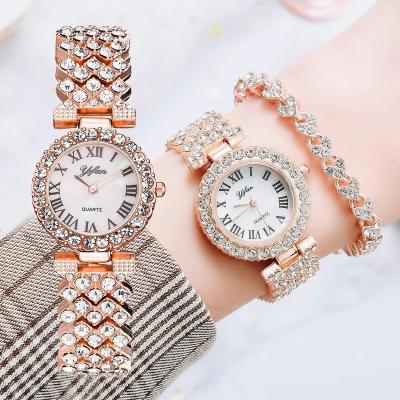 China Fashionable Custom Luxury Quartz Diamond Wristwatch Elegant Female Rose Gold Watch Fashion Ladies Bracelet Watches 2pcs Set for sale