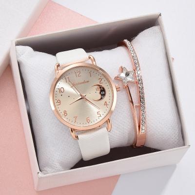 China Hot Sale Trendy Fashion Quartz Watch Moon Numbers Dial Ladies Leather Band Quartz Wristwatch Women Female Set Clock Strap Wristwatches for sale