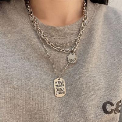 China Fashion New Design Sweater Chain Necklace Lead Free Multilayer Stainless Steel Square Medal Engrave Hip Hop Cuban Chain Necklaces for sale