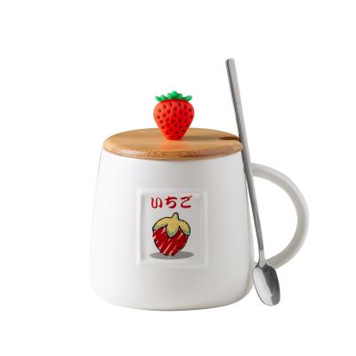 China Viable Fruit Ceramic Cup Cartoon Water Cup Creative Home Office Coffee Mug With A Spoon And Lid Coffee Mug For Gift for sale