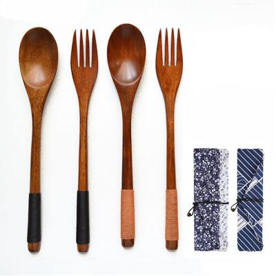 China Solid Wooden Spoon Cloth Three-Piece Bag Viable Japanese Style Winding Wooden Handle Long Fork Adult Portable Chopsticks for sale