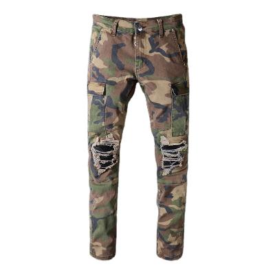 China Breathable streetstyle rippedjeans camouflage patchedjeans for man for sale