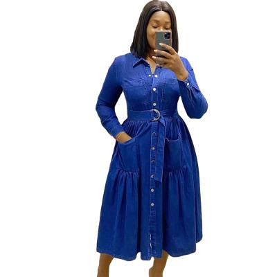 China Anti-Static Women's Dress Lapel Single Breasted Belt Sleeve Denim Skirt Dress Long Plus Size Women's Dresses for sale