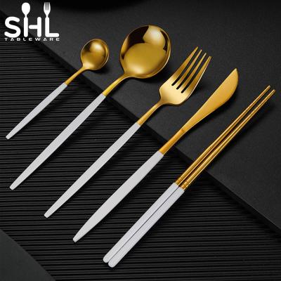 China Sustainable Colored Stainless Steel 304 Cutlery Set 410 Cutlery Set Gold And White Cutlery for sale