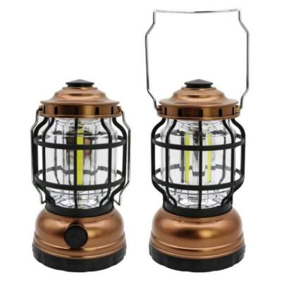 China Outdoor COB LED Dimmable Camping Light 18650 Antique Grid Tent Rechargeable Camping Lantern With Hook for sale