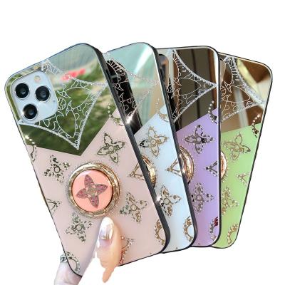 China Luxury Shockproof Double Color Diamond Mirror Case Cover With Finger Ring Holder Mobile Phone Electroplating Case For iPhone for sale