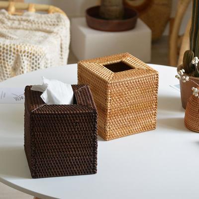 China Retro creative office wooden square storage Nordic style living room dining room tissue box minimalist handwoven rattan for sale