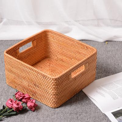 China Wholesale Minimalist Rattan Storage Basket Table Top Books Clothes Storage Basket Fruit Snack Storage Basket With Cover for sale