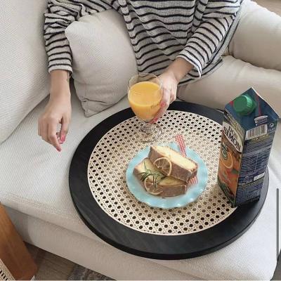 China Round Serving Minimalist Tray Storage Trays Food Container Logo Decorative Bamboo Rattan Desktop made to order raw natural wood handmade for sale