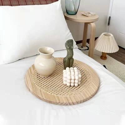 China Contemporary Wholesale Wicker Rattan Woven Serving Storage Home Handmade Food Cake Fruit Wooden Dercor Serving Storage Tray for sale