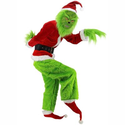 China Grich Christmas Adult Furry Monster Eco-Friendly Soft Material Green Costume Santa Suit Xmas Holiday Outfit Set Cosplay Props Green Mask With Santa Hat for sale