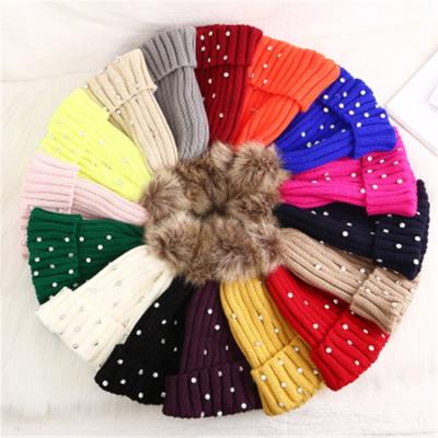 China Wholesale High Quality Wool JOINT Colorful Women Bead Spot Drill Winter Knitted Hat With Fur Ball for sale