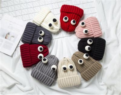 China 2019 Hot Sale Couple Customized Winter Roll Rim Wool JOINT Balaclava Beanies Knitted Hats With Cartoon Eye for sale