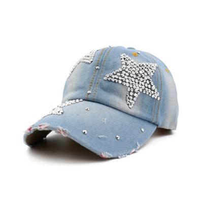 China Promotion Fashion Women's Wholesale COMMON Bling Bling Rhinestone Star Profile Denim 6 Panel Baseball Cap for sale