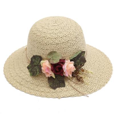 China Summer Fashion Women Big Brim Striped Striped High Quality Flower Decorate Beach Straw Hat for sale