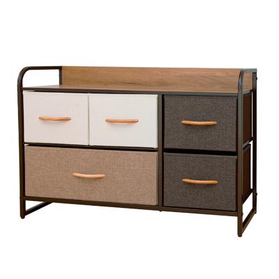 China Modern Design 5 Tier Steel Frame Fabric Cloth Chest Of Foldable Drawers With Wooden Handle for sale