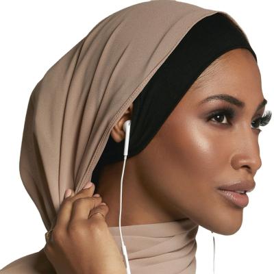 China Muslim Hair Wrap Polyester Hijab Scarf Solid Color Headwear Checked Inner Soft Hood For Women for sale