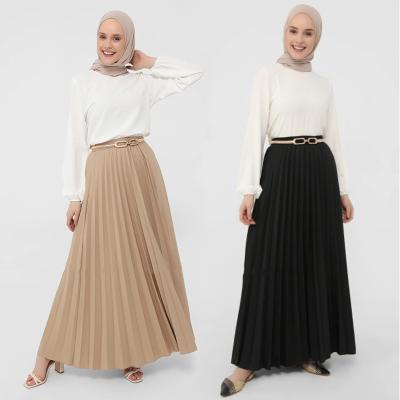 China Cotton Blended Fashion Women Midi Length Elegant Casual Elastic Waist Mid-Line Solid Long Maxi Skirt Muslim Pleated Skirt for sale