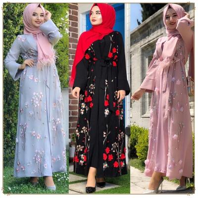 China Polyester Embroidered Dress Abaya Middle East Turkey Muslim Elegant Women Cardigan Dress 3D Flower Embroidered Dress Abaya Dress for sale