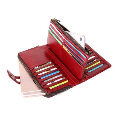 China Guangzhou RFID Genuine Leather Women's Rfid Phone Wallet Credit Card Ladies Long Purse Clutch Bag Red Even Wallet for sale