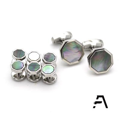 China 8pcs Casual Wear Hexagon Mens Silver Pearl Cufflinks Studs Set for sale