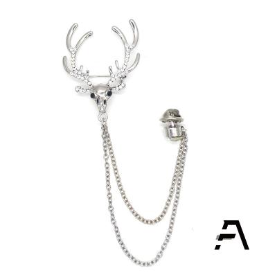 China Sterling Silver Deer Head Rhinestone Crystal Men's Pin Shirt Chain Brooch Accessories for sale