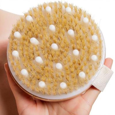 China EXFOLIATING Natural Round Scrubber Exfoliator Bath Shower Massage Brush For Cellulite Custom Logo Wooden Dry Body Brush With Massage Nodes for sale