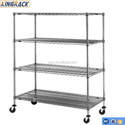 China Warehouse Storage System 4-Tier Wire Shelving With Silence Wheels And Hospital Cabinet High Quality Chrome Coated Wire Pallet Shelves for sale