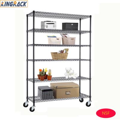 China 6-Tier Grid Coating Warehouse Rack Mobile Adjustable Steel Wire Shelving Heavy Duty Powder Wire Shelving With Wheels for sale