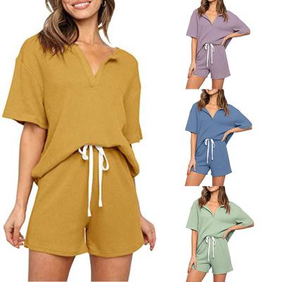 China No Women Short Sleeve Sweatsuits 2 Piece Casual Outfit Sets Pockets Home Clothes for sale