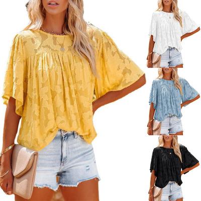 China 2022 Summer Breathable Spring Fashion 3/4 Bell Sleeve Crewneck Lace Up Floral Textured Babydoll Plus Size Women's Blouse Shirts for sale