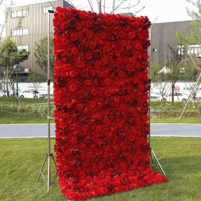 China Low MOQ Roll Up Silk Flowers Wedding Rose Decorative Artificial Red Flower Wall for sale