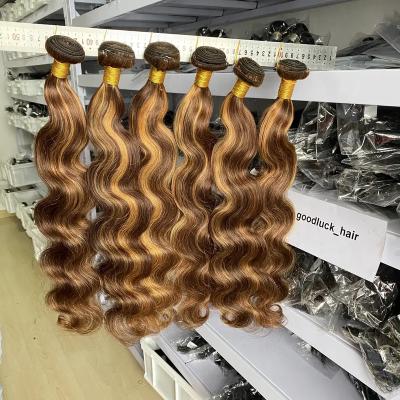 China Good Quality Body Wave GL Highlight Bundle Piano Color Hair Bundles, P4/27 Straight Hair Weave Ombre Blonde Highlight Bundles With Closure for sale