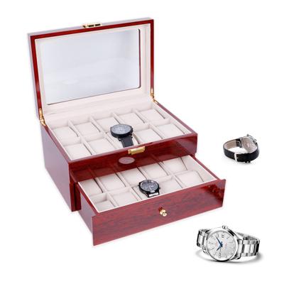 China Luxury Fresh Flower Packing RuiKaiLi Cherry Red 20 Wooden Grids Watch Collection Box Display Case Fiber Watch Box for sale