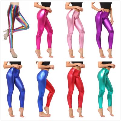 China 2020 High Waist PU Look Antibacterial Sexy Dance Gaiters Shiny Wet Liquid Faux Leather Metallic Stretch Pants Disco Gaiters for sale