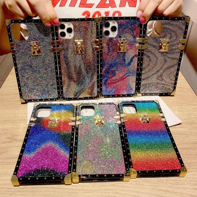 China Eco-Friendly Rainbow Diamond Bling Square Trunk Shell For Apple iPhone 12 Luxury Designer Shinning Cell Phone Protective Case for sale