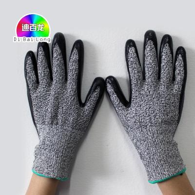 China Polyester Level 5 Anti Cut Gloves Cut Resistant Gloves With Black Nitrile Coating Palm for sale